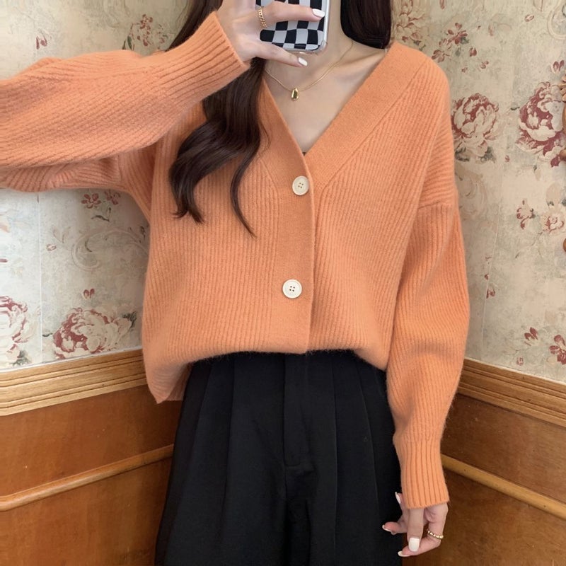Vintage V-Neck Knit Cardigan Sweater Autumn 2024 1459 Orange 