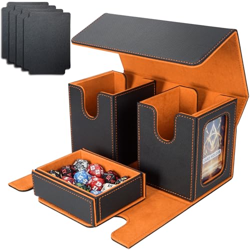 AFIING MTG Commander Deck Box 200 Double Sleeved Cards Storage 3in1 Magnetic Card Case Organizer for Magic The Gathering TCG CCG 4 Dividers 2 Toploaders BlackOrange - Image 1