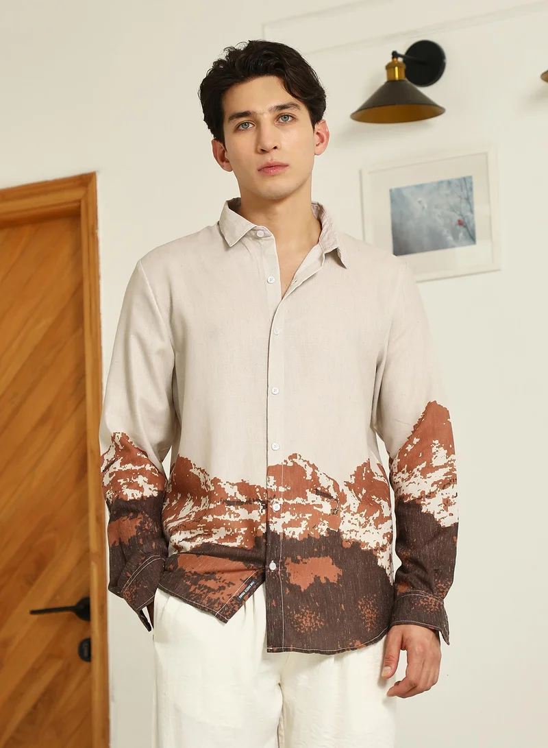 CAHOOT  Men's Beige Rayon Shirt With Abstract Mountain Print for Men | Best Price UAE