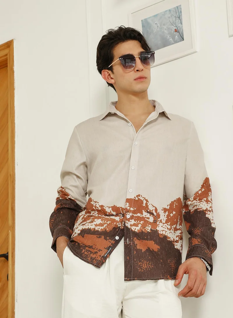 Men's Beige Rayon Shirt With Abstract Mountain Print