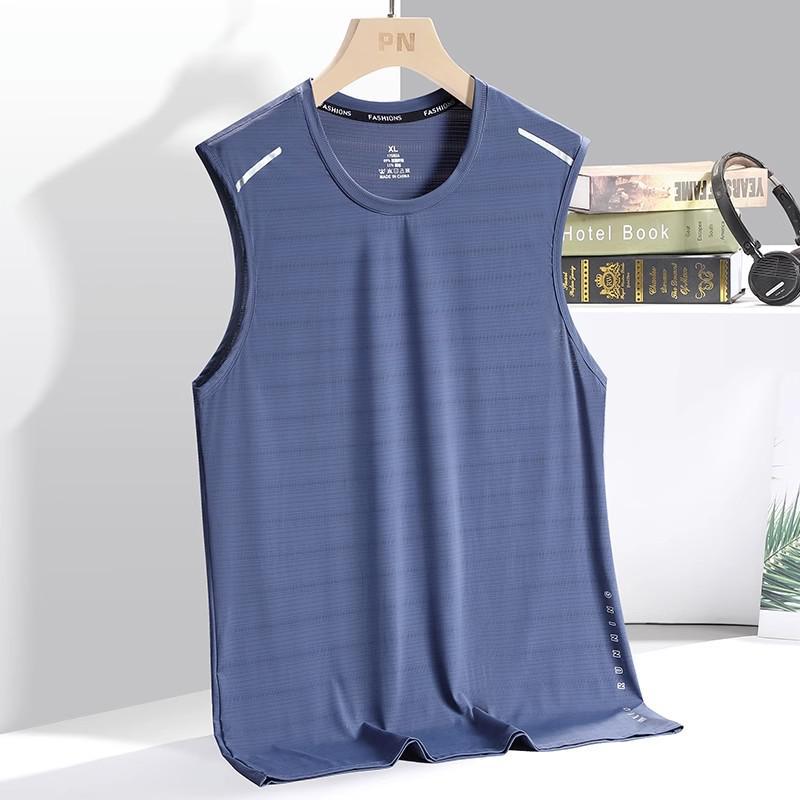 Ice Silk Vest Mens Trendy Thin Round Neck Mesh Breathable Quick-drying Sports Wide Waistcoat Mens Sleeveless Summer Pure blue [two-pole vest]] 