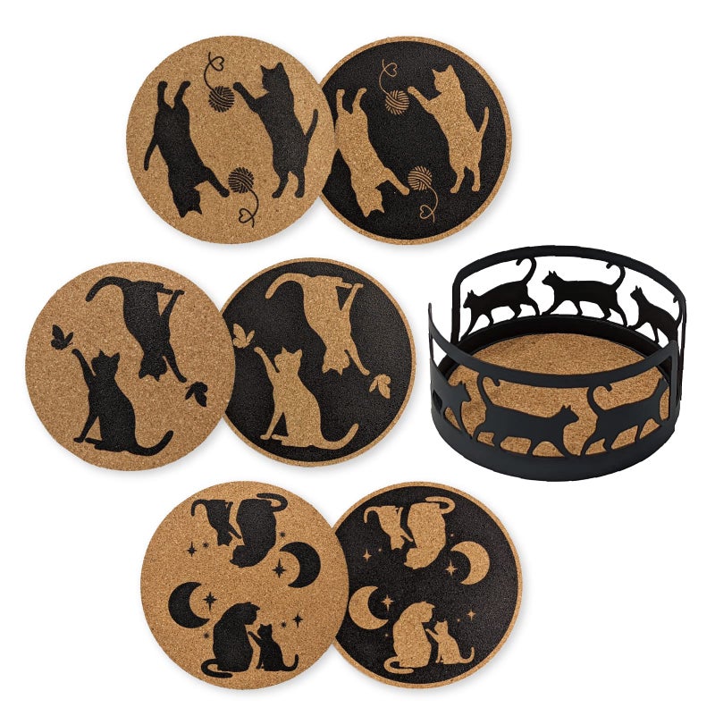 Mango Steam Set of Six Cat Cork Coasters with Decorative Cork Holder Black