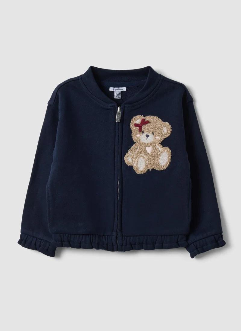 Ovs OVS Blue Pure Cotton Sweatshirt With Crew Neck, Zip And Teddy Bear Detail For Baby Girl
