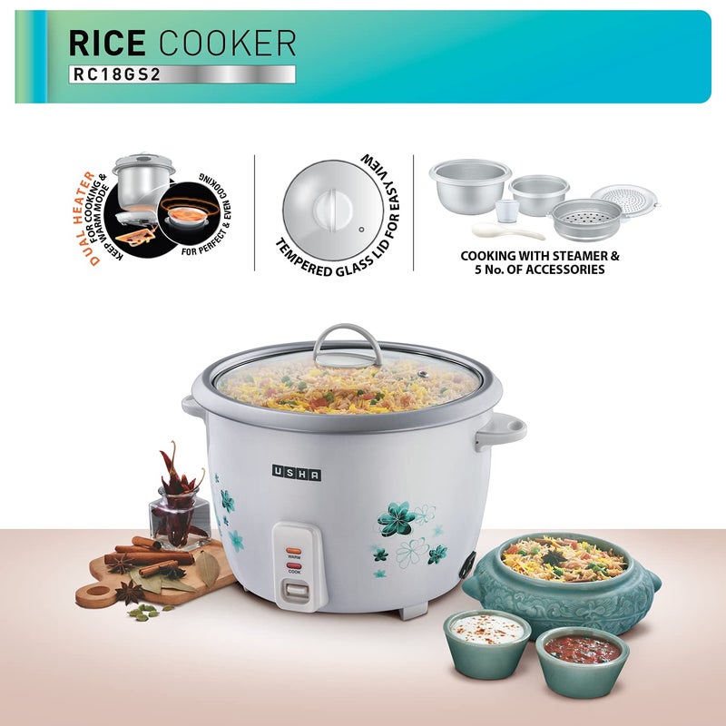 USHA RC18GS2 Steamer 700 W Automatic Rice Cooker 18liter with Powerful Heating Element Keep Rice Warm for 5 Hrs Steamer Tempered glass lid 2 years on product 5 years on heating elementWhite - Image 2