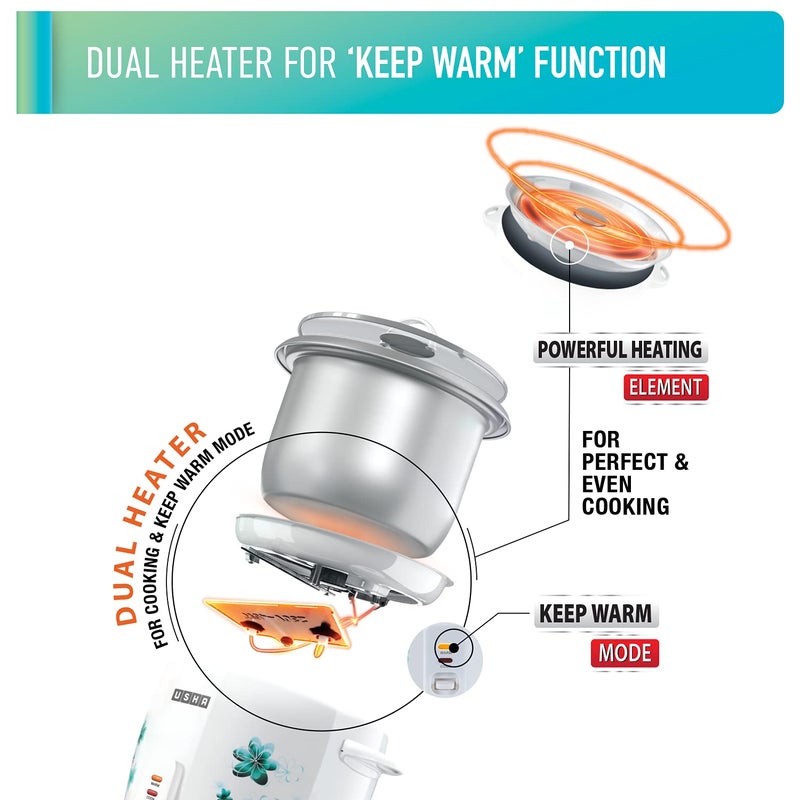 USHA RC18GS2 Steamer 700 W Automatic Rice Cooker 18liter with Powerful Heating Element Keep Rice Warm for 5 Hrs Steamer Tempered glass lid 2 years on product 5 years on heating elementWhite - Image 4