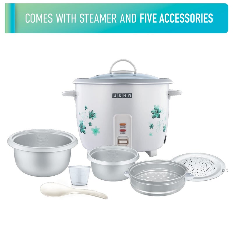 USHA RC18GS2 Steamer 700 W Automatic Rice Cooker 18liter with Powerful Heating Element Keep Rice Warm for 5 Hrs Steamer Tempered glass lid 2 years on product 5 years on heating elementWhite - Image 5