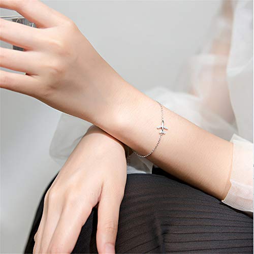 Dtja Crystal Airplane Bracelet for Women Sterling Silver Cute Delicate Fly Plane Adjustable Charm Link Bracelets Airline Jewelry Christmas Gifts Souvenir for Best Friend freedom Lover Wanderlust - Image 2