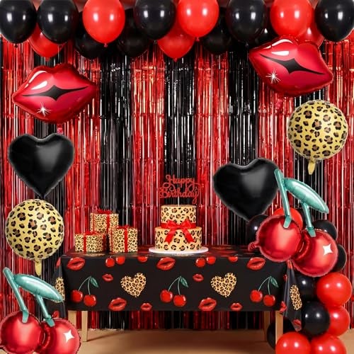 Realspring 30 Pcs Red and Black Birthday Party Decoration Kit with Foil Fringe BackdropCheetah Pattern Cherry Print Red Lips and Black Heart Balloon for Valentines Day Party DecorKiss The Miss Goodbye - Image 1