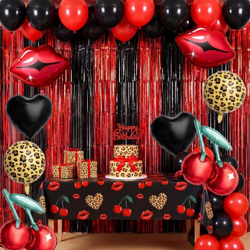 Realspring 30 Pcs Red and Black Birthday Party Decoration Kit with Foil Fringe BackdropCheetah Pattern Cherry Print Red Lips and Black Heart Balloon for Valentines Day Party DecorKiss The Miss Goodbye - Image 3