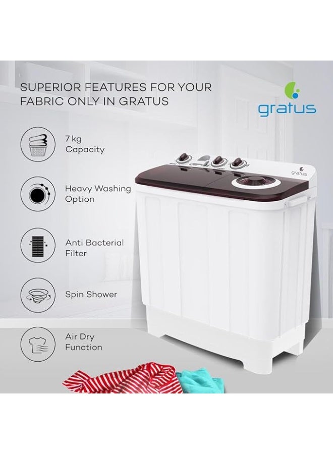 gratus 7 KG Top‑Load Semi‑Automatic Washing Machine | White Finish | Lint Filter & Spin‑Dry | Model GSWM07KCDX1 - Image 1