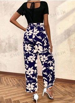 Shein SHEIN Women's Solid Color & Floral Short Sleeve Jumpsuit  - Image 5