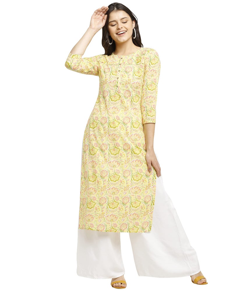 Rajnandini كورتى راجنانديني النسائية باللون الأصفر من قطن كامبريك النقي بطباعة جايفوري (3XL - الحجم) - Image 1