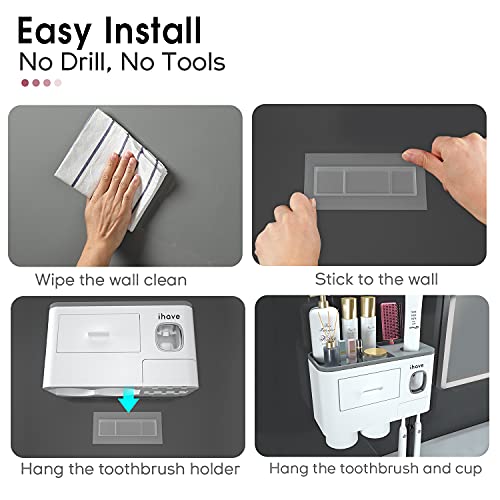iHave Toothbrush Holders for Bathrooms, 2 Cups Toothbrush Holder Wall Mounted with Toothpaste Dispenser - Large Capacity Tray, Cosmetic Drawer - Bathroom Decor & Bathroom Accessories - Image 3