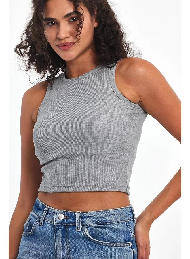 mmetalic Women’s Grey Ribbed-Look Strappy Thick Elastic Knit Basic Crop Tank Top