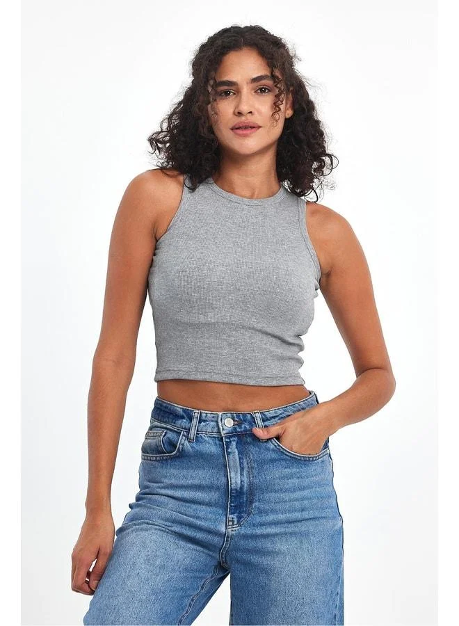mmetalic Women’s Grey Ribbed-Look Strappy Thick Elastic Knit Basic Crop Tank Top