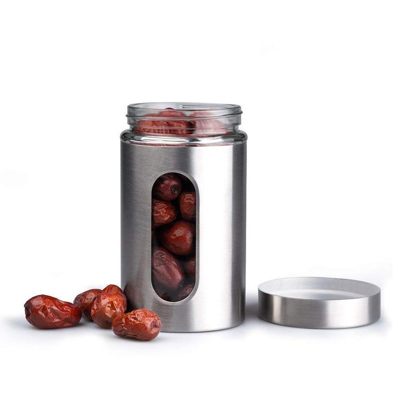 AVIROM Stainless Steel Plated Glass Kitchen Canister Airtight Food Storage Visible Window 350 ml Tea Coffee Sugar Container Pack of 1 Silver Window Jar 350ml - Image 1