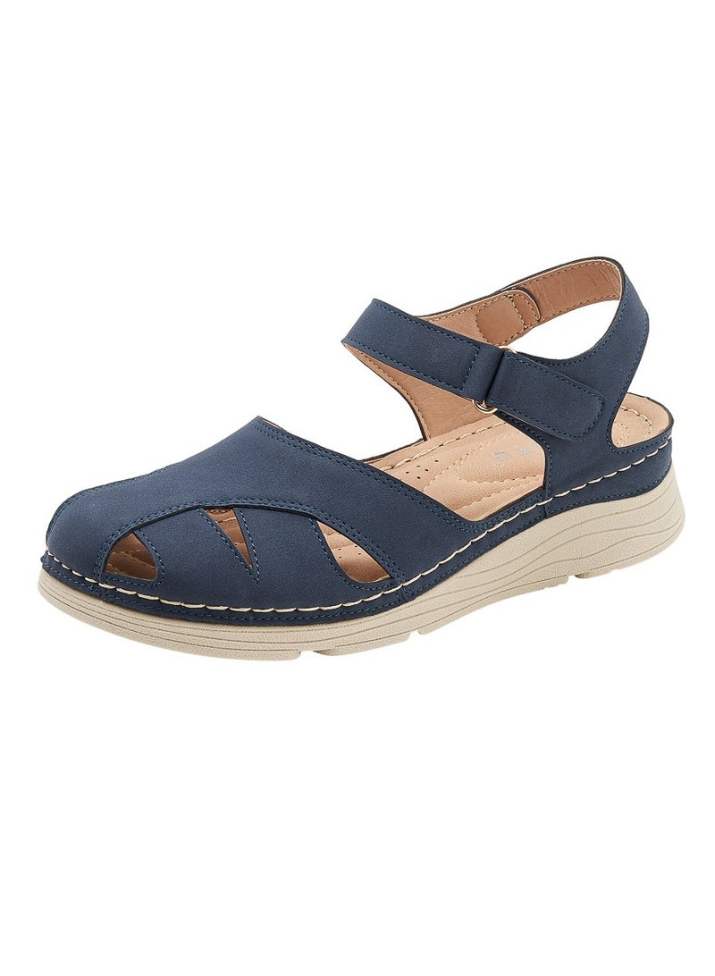 Loquat Women's Closed Toe Retro Thick Soled Non Slip Wedge Sandals Platform Shoes Navy Blue - Image 1