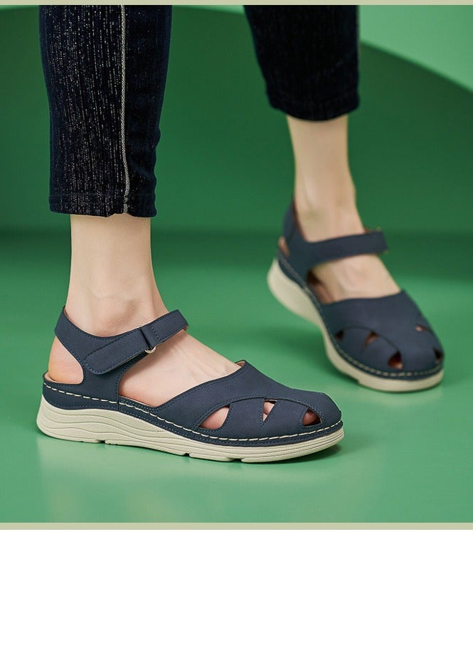 Loquat Women's Closed Toe Retro Thick Soled Non Slip Wedge Sandals Platform Shoes Navy Blue - Image 2