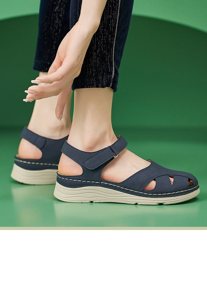 Loquat Women's Closed Toe Retro Thick Soled Non Slip Wedge Sandals Platform Shoes Navy Blue - Image 3