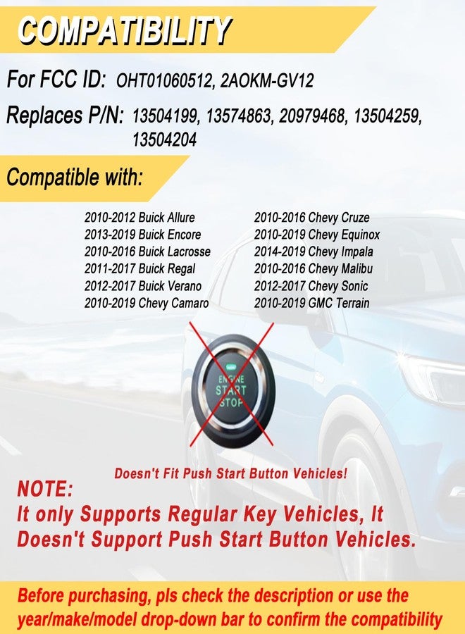 Vurkcy Key Fob Replacement for 2014-2019 Buick Encore/ 10-12 Allure/ 10-16 Lacrosse/ 11-17 Regal/ 12-17 Verano/ 10-19 Chevy Equinox Camaro/ 11-16 Cruze Malibu/ 14-19 Impala/ 12-17 Sonic Keyless,2Pcs - Image 2