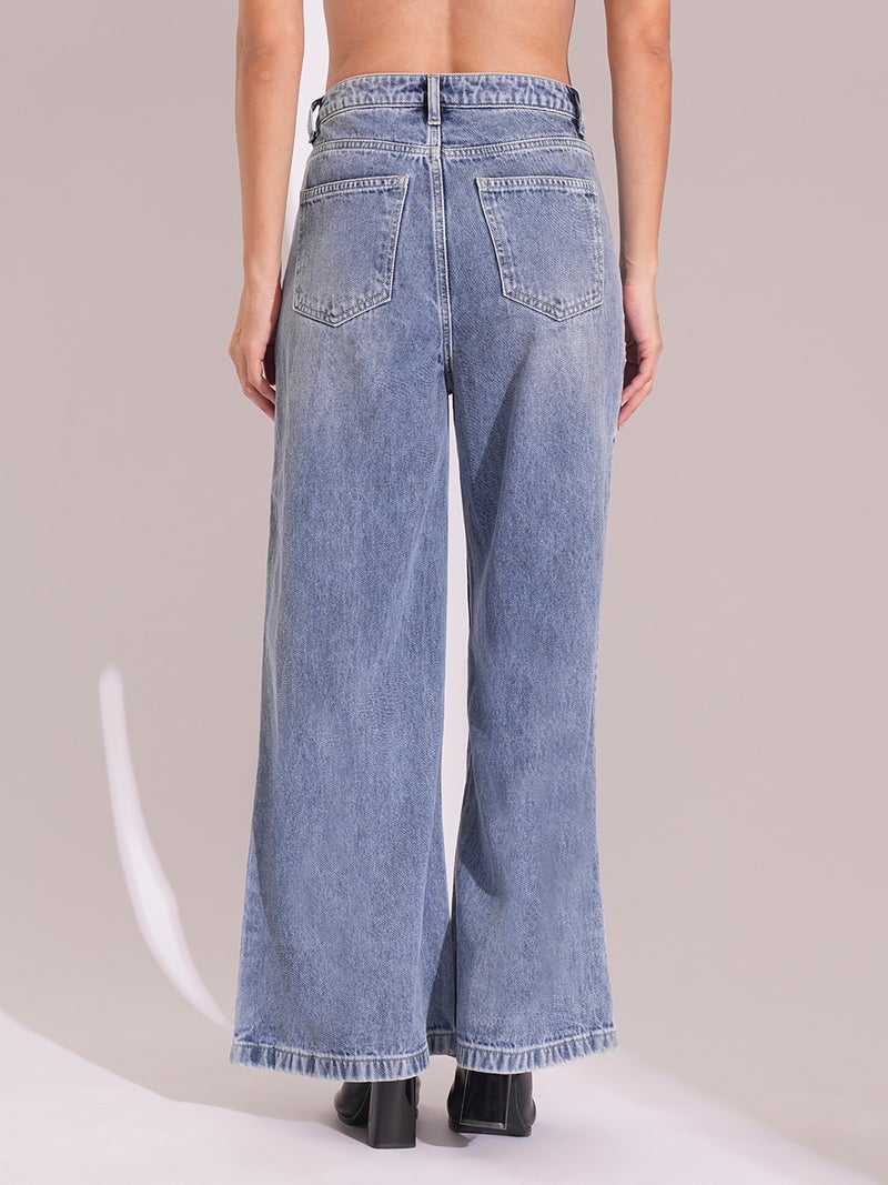 globus Globus Women Cotton High Rise Whiskers Effect Wide Leg Jeans  - Image 5