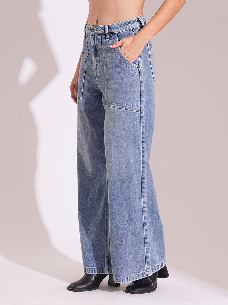 globus Globus Women Cotton High Rise Whiskers Effect Wide Leg Jeans  - Image 3