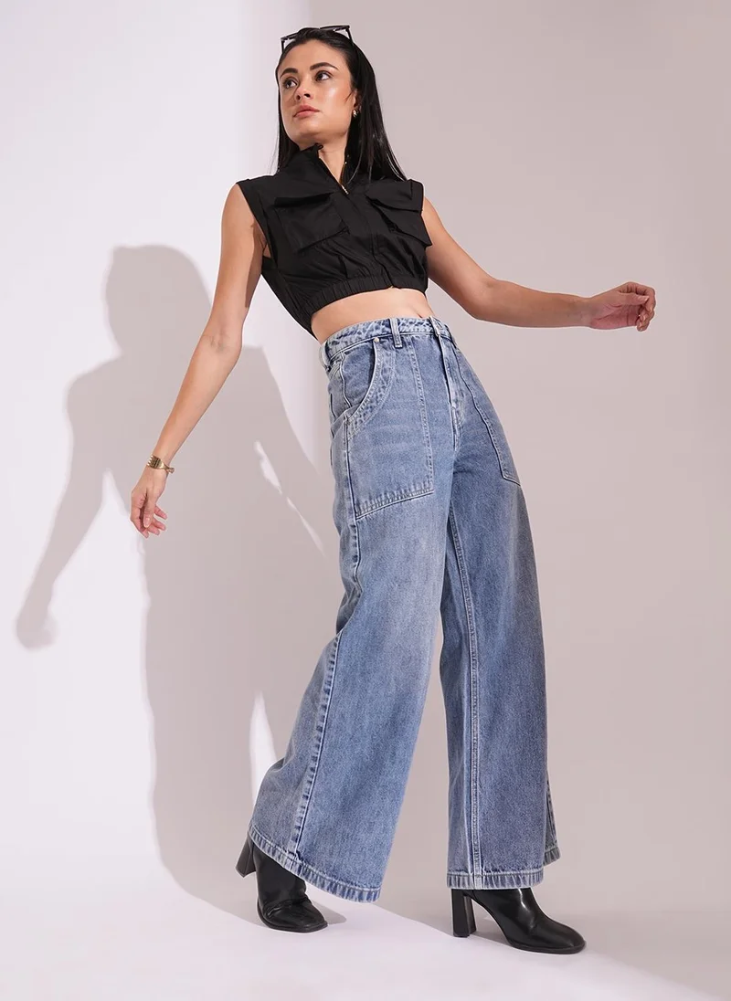 globus Globus Women Cotton High Rise Whiskers Effect Wide Leg Jeans