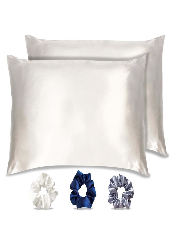Silvr Bear Luxury Solid Satin Pillow Covers + 3 Scrunchies | Aesthetic Pillowcase-Standard - 18 X 27 Inches | Great For Hair And Skin | Combo Pack (Ivory White, Luxe Satin), 250 TC, 5 Piece - Image 1