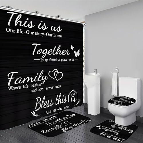 AZHM Family Shower Curtain Set Black Home Bathroom Set with Shower Curtain and Rugs and Accessories Bathroom Decor Curtain with 12 Hooks - Image 1