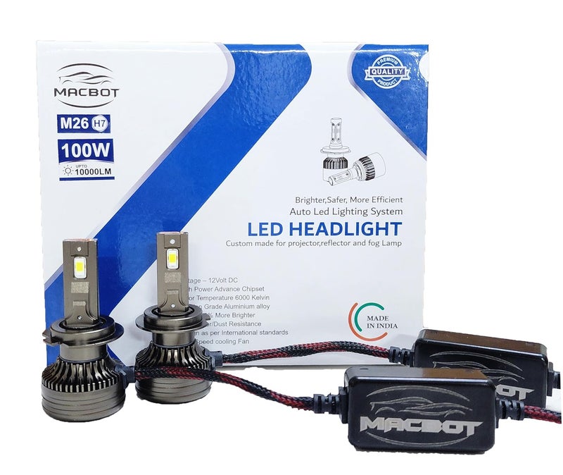 MACBOT H7 Type LED Headlight Bulb 100 Watt M26-H7, with 2-Year Replacement Warranty - Made in India for Cars (50 Watt Each Bulb) Super Bright White Light, Easy Installation, Long-lasting Performance - Image 1