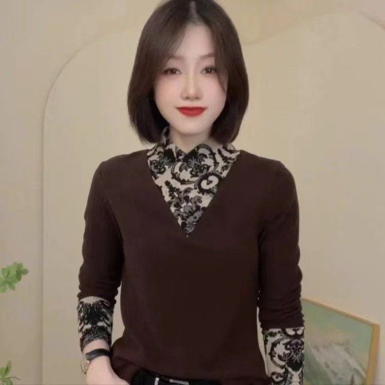 Autumn Fake Two-Piece Color-Matching Long-Sleeved Fashionable Casual T-Shirt Design Elegant Women'S Slim-Fit Shirt - Image 1