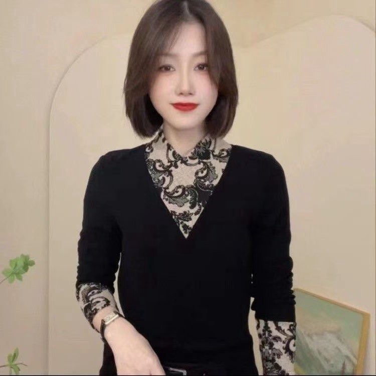 Autumn Fake Two-Piece Color-Matching Long-Sleeved Fashionable Casual T-Shirt Design Elegant Women'S Slim-Fit Shirt - Image 4