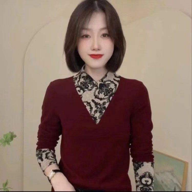 Autumn Fake Two-Piece Color-Matching Long-Sleeved Fashionable Casual T-Shirt Design Elegant Women'S Slim-Fit Shirt - Image 3
