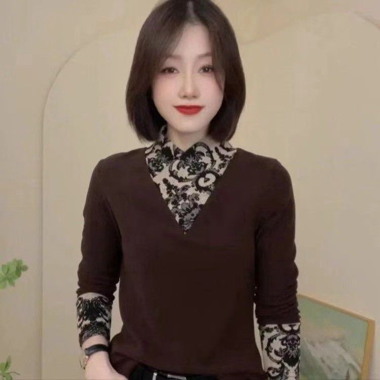 Autumn Fake Two-Piece Color-Matching Long-Sleeved Fashionable Casual T-Shirt Design Elegant Women'S Slim-Fit Shirt - Image 2