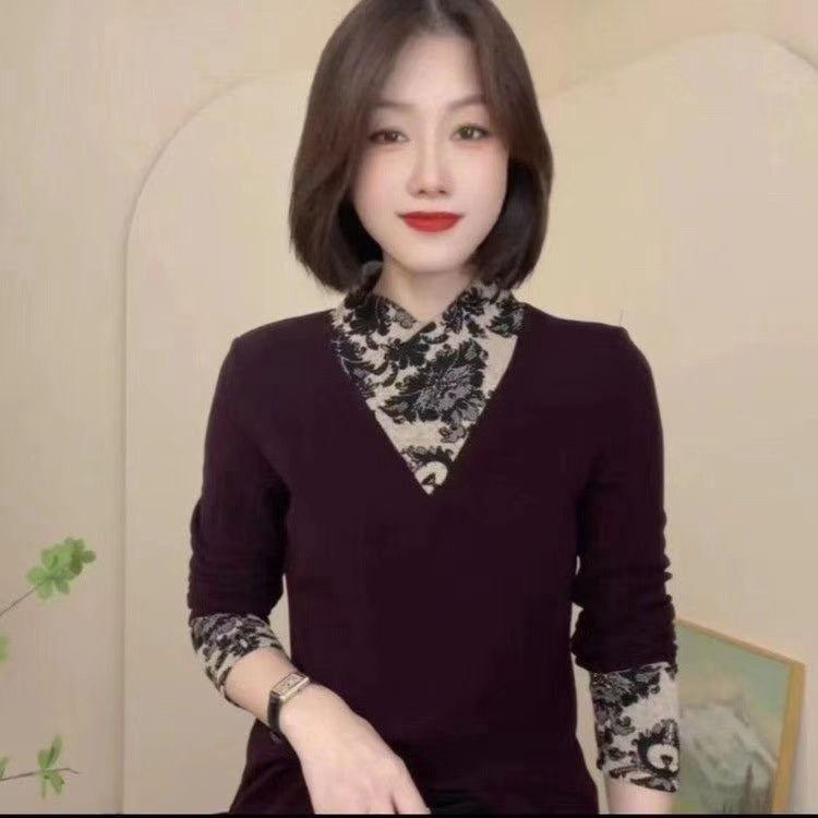 Autumn Fake Two-Piece Color-Matching Long-Sleeved Fashionable Casual T-Shirt Design Elegant Women'S Slim-Fit Shirt - Image 5
