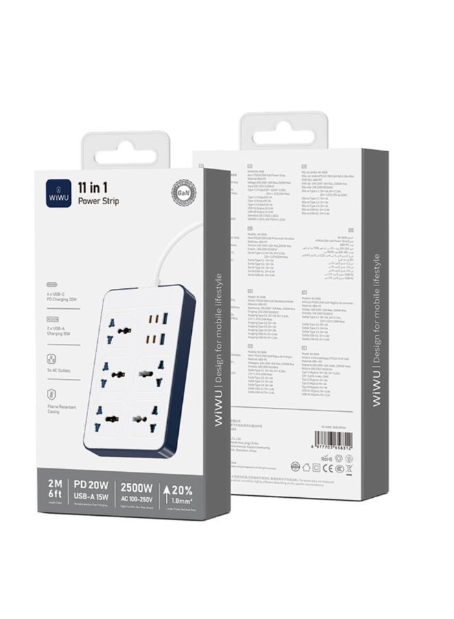 دبليو اي دبليو يو مشترك كهرباء WiWU Wi-S006 PS524 متعدد 11 في 1 بقدرة 20W GaN مع 4 USB-C و2 USB-A و5 منافذ AC – أسود - Image 2