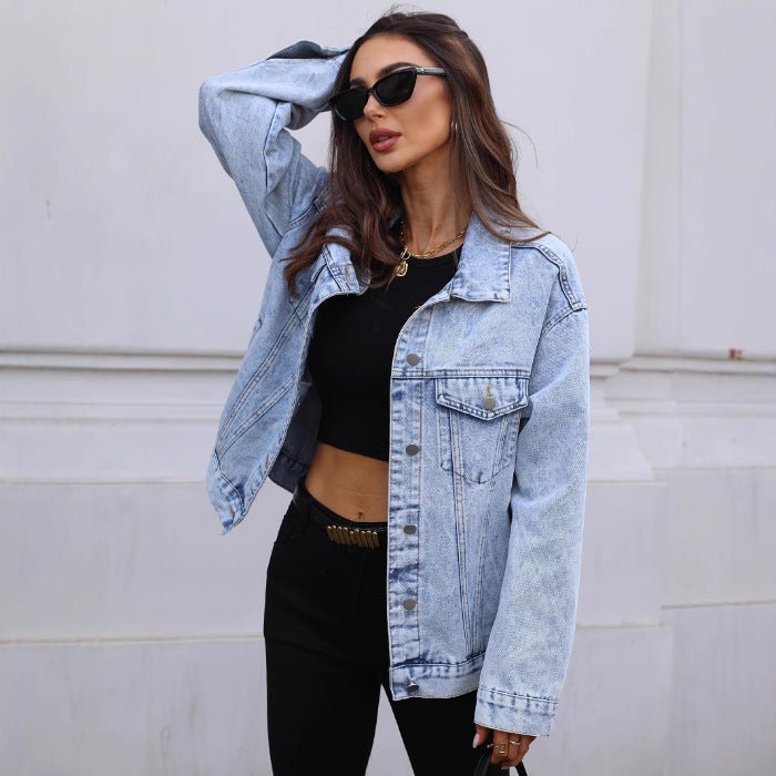 2025 Popular Long-Sleeved Retro Plain Blue Casual Style Denim Jacket - Image 1