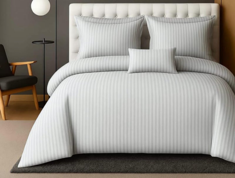 PRISCILLA 220 GSM 400TC Microfiber Satin Stripe Cotton AC Comforter Set King Size Double Bed with 1 Flat bedsheet-90x100 inch and Two Pillow Covers II 4 pc Bedding Set for Home|Hotels| (White) - Image 1