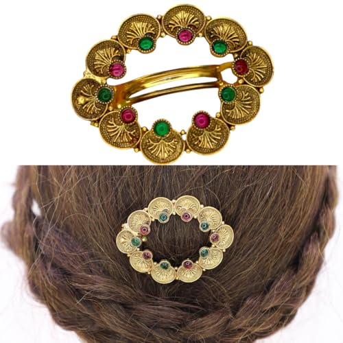 JWELLA Traditional Temple Design Gold-Plated Hair Barrette Clip (Round Shape Design) (Design 9) - Image 4