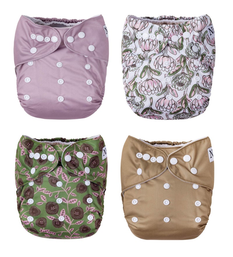 Nora's Nursery Cloth Pocket Diapers 4 Pack with 4 Inserts - Waterproof Cover, Washable, Reusable & One Size Adjustable Pocket Diapers for Newborns and Toddlers - Meadow - Image 1