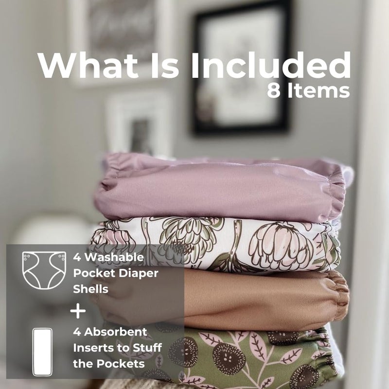 Nora's Nursery Cloth Pocket Diapers 4 Pack with 4 Inserts - Waterproof Cover, Washable, Reusable & One Size Adjustable Pocket Diapers for Newborns and Toddlers - Meadow - Image 2