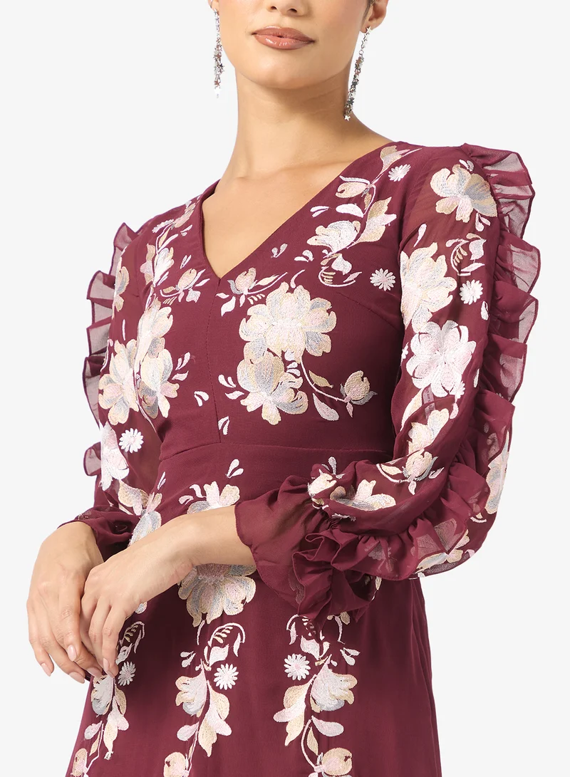 فروك اند فرل V-Neck Mesh Detailed Embellished Dress