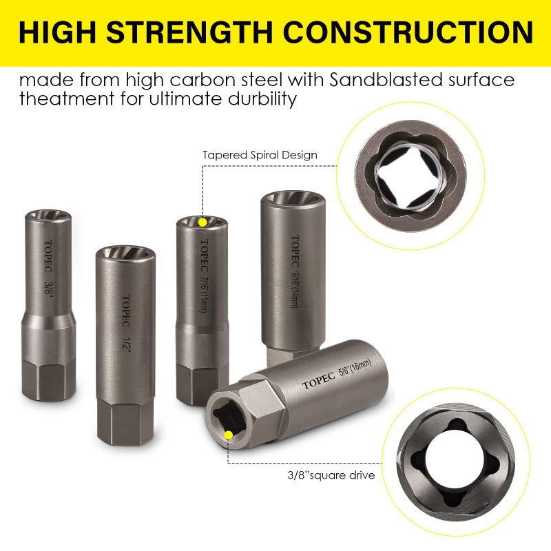 Topec 10-Piece Spiral Type Deep Bolt Extractor Set, Spark Plug Extraction Socket Set, Stripped Lug Nut Remover for Removing Broken, Damaged, Frozen, Rusted, or Rounded-Off Bolts, Nuts, Screws, Studs - Image 5