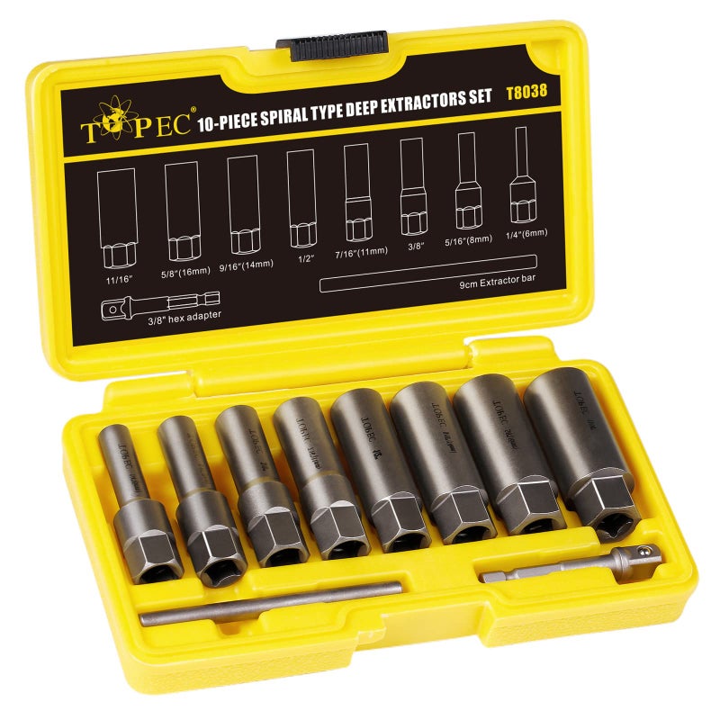 Topec 10-Piece Spiral Type Deep Bolt Extractor Set, Spark Plug Extraction Socket Set, Stripped Lug Nut Remover for Removing Broken, Damaged, Frozen, Rusted, or Rounded-Off Bolts, Nuts, Screws, Studs - Image 1