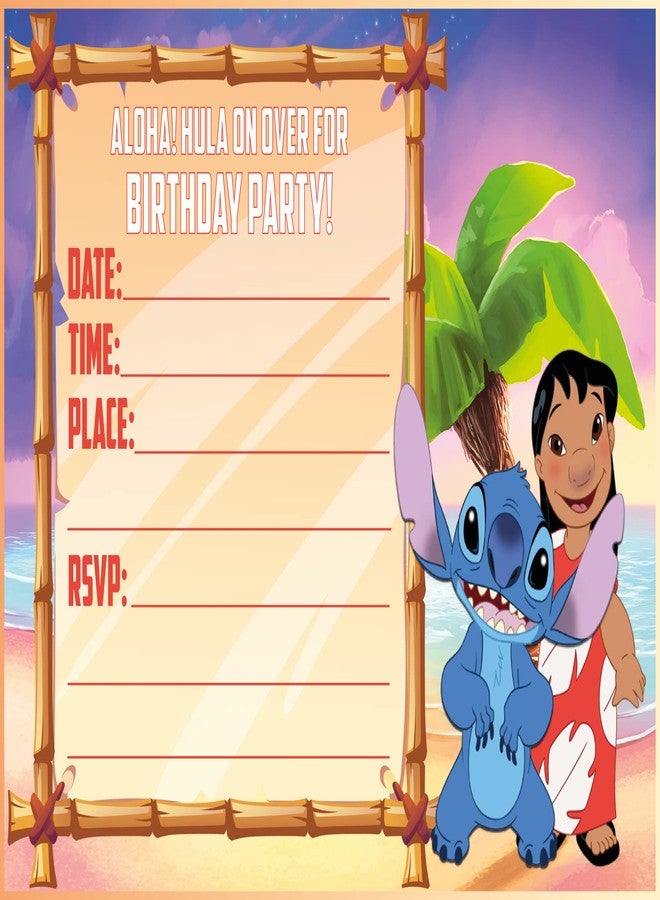 NATURAL BEHAVIOUR 20x Lilo And Stitch Birthday Invitations and Envelopes - Fill-in Happy Birthday Party Invitations for Kids, 6X4 Inches, Postcard Style - Image 1