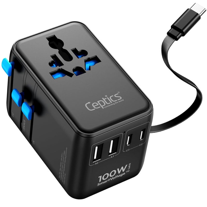 Ceptics 7 in 1 Universal Travel Adapter with 100W Retractable USB-C Cable, Universal and Japan Socket Input, 2 Type A & C Ports, for Laptop/MacBook – Global Compatibility, 5-Year Warranty, Black - Image 1