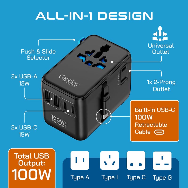 Ceptics 7 in 1 Universal Travel Adapter with 100W Retractable USB-C Cable, Universal and Japan Socket Input, 2 Type A & C Ports, for Laptop/MacBook – Global Compatibility, 5-Year Warranty, Black - Image 3