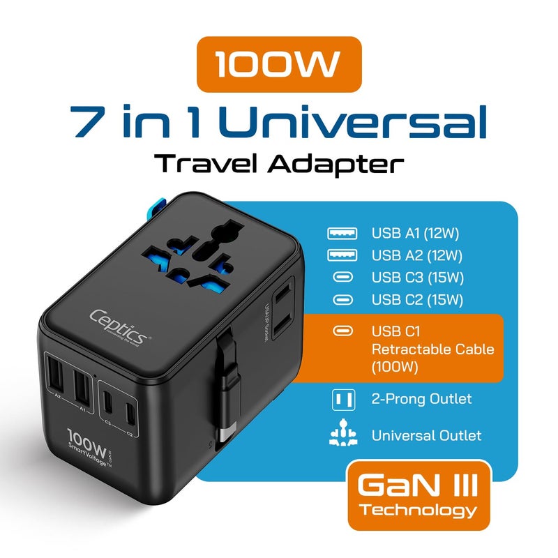 Ceptics 7 in 1 Universal Travel Adapter with 100W Retractable USB-C Cable, Universal and Japan Socket Input, 2 Type A & C Ports, for Laptop/MacBook – Global Compatibility, 5-Year Warranty, Black - Image 2
