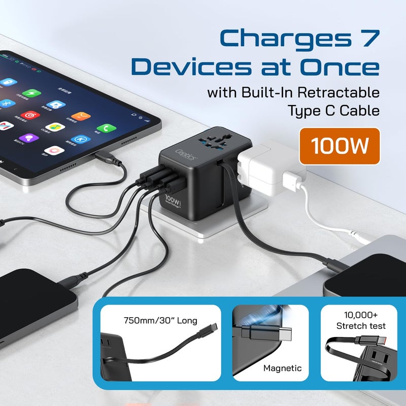 Ceptics 7 in 1 Universal Travel Adapter with 100W Retractable USB-C Cable, Universal and Japan Socket Input, 2 Type A & C Ports, for Laptop/MacBook – Global Compatibility, 5-Year Warranty, Black - Image 4