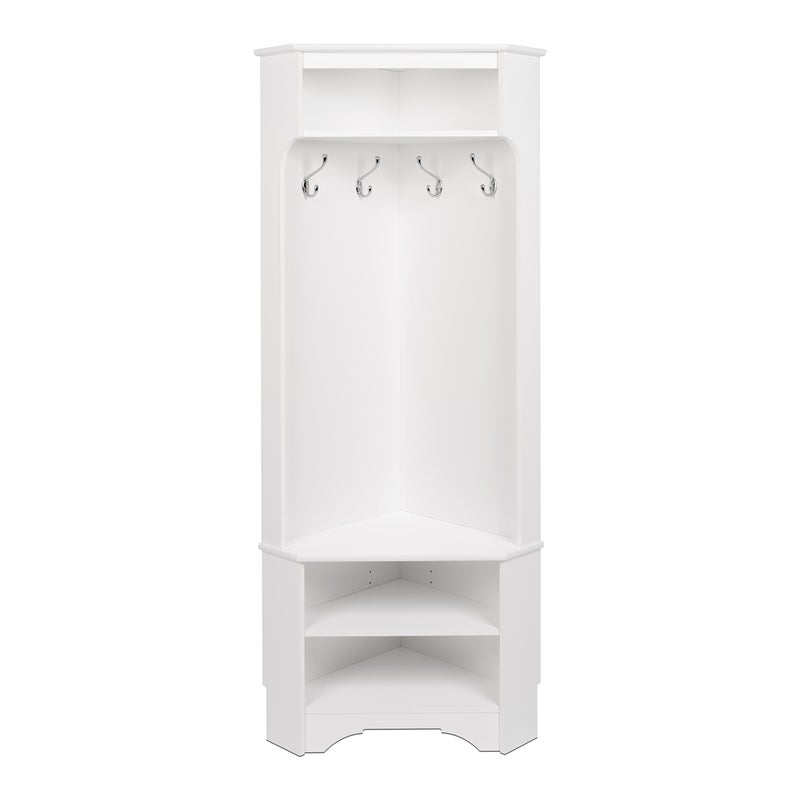 Prepac White Corner Hall Tree Multifunctional Corner Clothes Rack with Corner Shoe Shelf  Elegant  SpaceSaving Corner Solution for Your Home